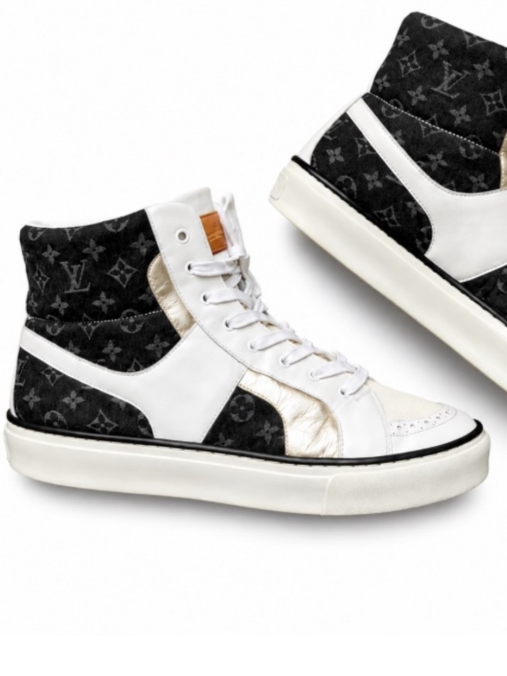 Louis Vuitton Black Denim + White Leather High Top Sneakers | 38